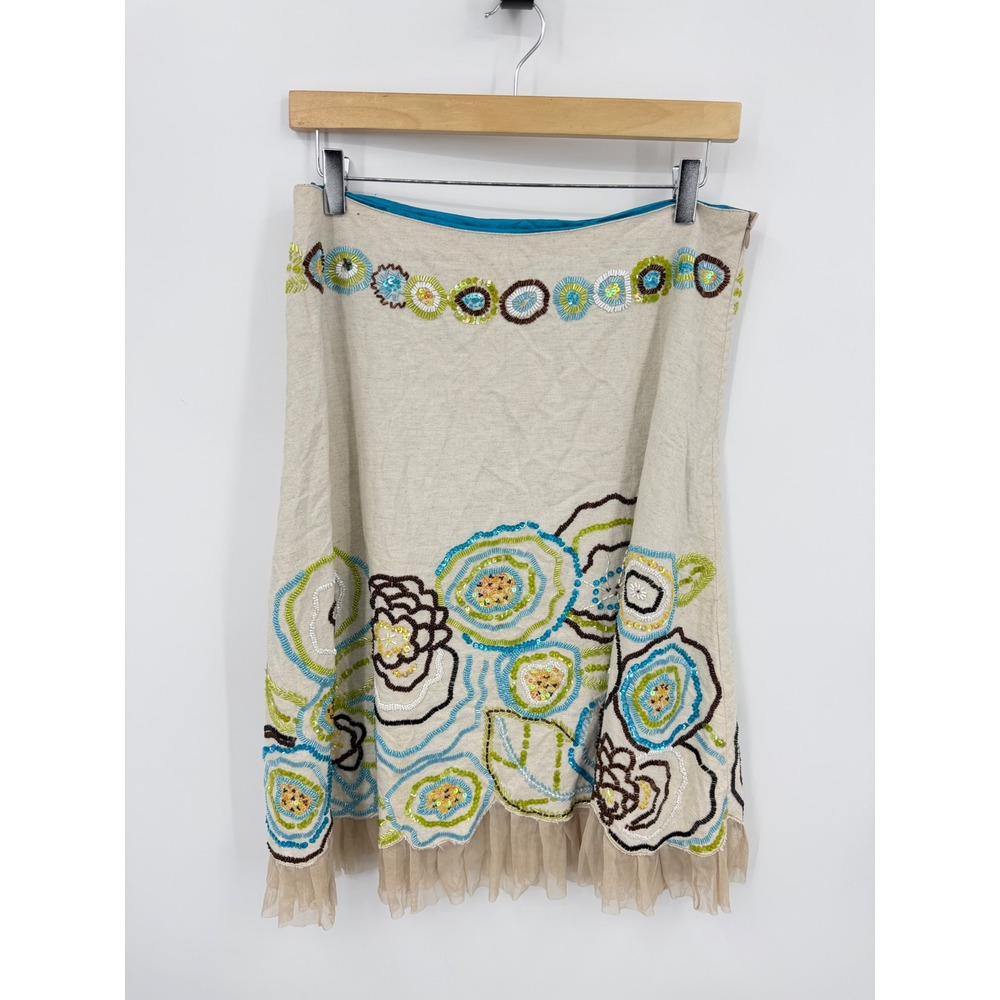 Basil & Maude Floral Beaded Linen Skirt Womens 10 Cream Boho Embellished Midi